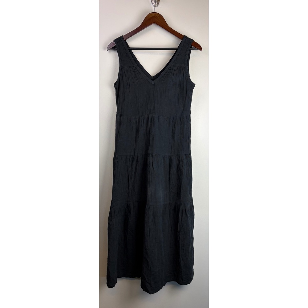 NEW Quince Maxi Dress XS Black Organic Cotton Gauze Tiered V-Neck Sleeveless